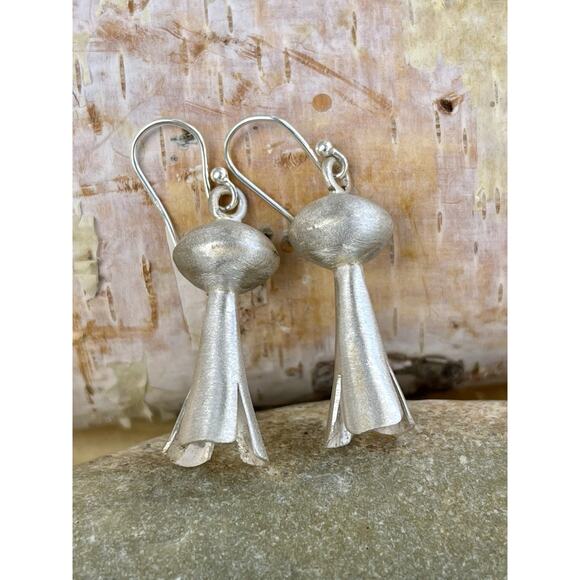 Southwestern Sterling Silver Squash Blossom Dangle Earrings Native Style - Picture 1 of 5
